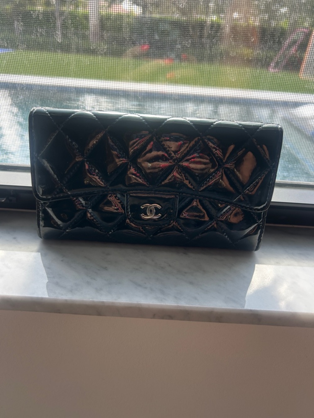 CHANEL Navy Quilted Patent Leather Wallet with CC Turnlock